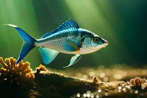 uma peixe é em pé em a oceano chão com luz solar brilhando em isto. gerado por IA foto