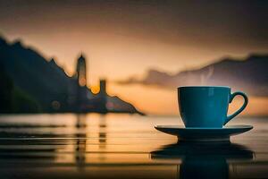 uma copo do café em a lago às pôr do sol. gerado por IA foto