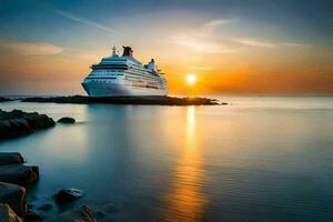 uma cruzeiro navio dentro a oceano às pôr do sol. gerado por IA foto