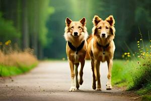 dois cachorros caminhando baixa uma caminho dentro a madeiras. gerado por IA foto