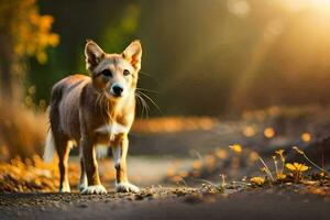 uma cachorro é em pé em uma sujeira estrada dentro a Sol. gerado por IA foto