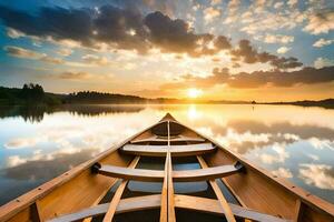 uma canoa é flutuando em a calma água às pôr do sol. gerado por IA foto
