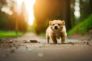 uma pequeno cachorro caminhando em uma estrada dentro a Sol. gerado por IA foto
