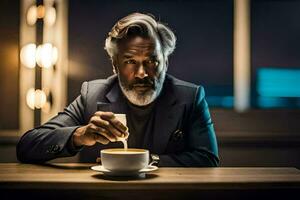 uma homem com uma barba e terno sentado às uma mesa com uma copo do café. gerado por IA foto