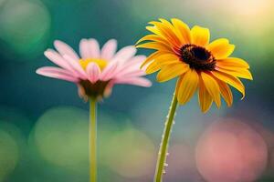 dois amarelo e Rosa flores estão em pé dentro frente do uma verde fundo. gerado por IA foto