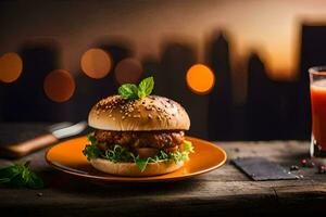uma Hamburger com uma vidro do suco e uma faca. gerado por IA foto