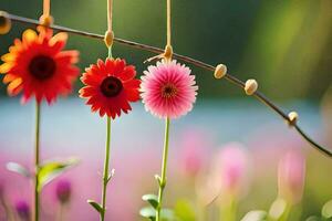 três colorida flores suspensão a partir de uma ramo. gerado por IA foto