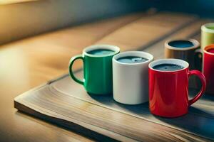 uma linha do colorida café copos em uma mesa. gerado por IA foto