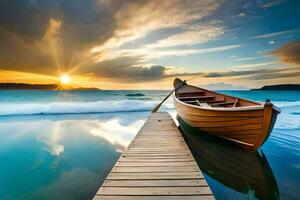 uma barco em a de praia às pôr do sol. gerado por IA foto