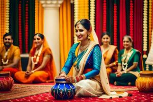 uma mulher dentro tradicional indiano vestuário senta em a chão com dela mãos em dela potes. gerado por IA foto