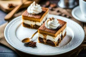 dois peças do chocolate bolo com açoitado creme em topo. gerado por IA foto