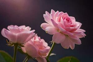 dois Rosa rosas estão mostrando dentro frente do uma Sombrio fundo. gerado por IA foto