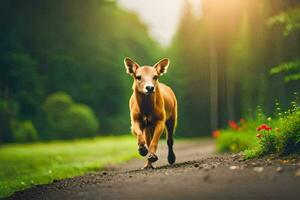 uma veado corrida em uma estrada dentro a meio do uma floresta. gerado por IA foto