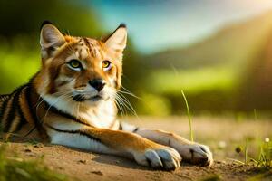 uma tigre é deitado em a terra dentro a grama. gerado por IA foto