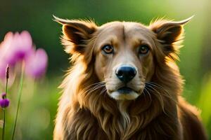 uma cachorro é em pé dentro uma campo com roxa flores gerado por IA foto