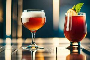 dois óculos do Cerveja e uma beber em uma mesa. gerado por IA foto