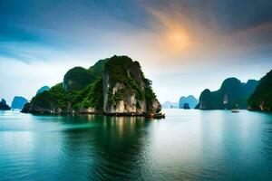 a lindo panorama do Halong baía. gerado por IA foto