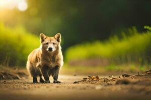 uma cachorro caminhando em uma sujeira estrada dentro a meio do uma floresta. gerado por IA foto