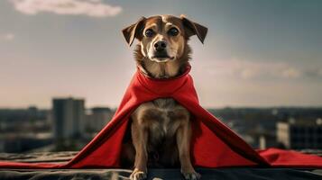 retrato do uma cachorro vestido Como uma Super heroi com uma vermelho capa foto