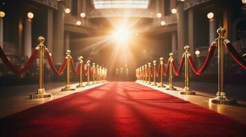 vermelho tapete e barreiras com veludo corda, vermelho cortinas dentro a fundo e Holofote foto