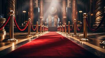 vermelho tapete e barreiras com veludo corda, vermelho cortinas dentro a fundo e Holofote foto