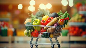 frutas e legumes dentro compras carrinho foto