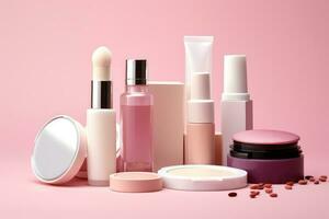 Cosmético produtos em uma Rosa fundo foto