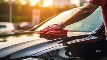 carro lavar conceito. fechar acima do masculino mãos dentro luvas lavando uma carro. foto