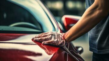 carro lavar conceito. fechar acima do masculino mãos dentro luvas lavando uma carro. foto