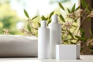 limpar \ limpo branco Cosmético produtos maquetes. dois limpar \ limpo branco plástico xampu e condicionador garrafas. branco caixa para creme. branco Cosmético bolsa. em uma suave natural verde fundo do folhas. ai gerado foto