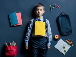 costas para escola Educação conceito com aluno. primeiro dia aluna dentro aula. ai generativo foto