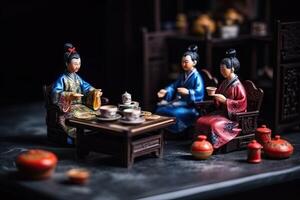 miniatura chá cerimônia. pequeno diorama do chinês pessoas dentro antigo tradicional roupas bebendo ervas chá. conceito do chá bebendo, budismo, criada com generativo ai tecnologia foto