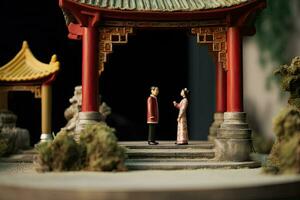 chinês Casamento dentro miniatura estilo. marido e esposa dentro tradicional chinês roupas. conceito do amor, tradição, família e relacionamentos. ásia homem e mulher criada com generativo ai tecnologia foto