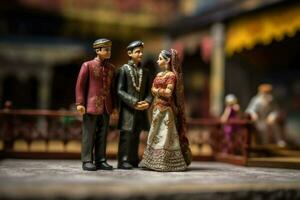 tradicional indiano casamento. miniatura marido e esposa dentro nacional roupas. indiano cultura, homem e mulher criada com generativo ai tecnologia foto