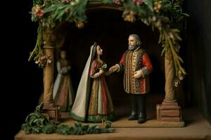 miniatura dois amantes do uma homem dentro medieval roupas. brinquedo pequeno marido e esposa dentro retro vintage estilo. moradores do a antigo cidade criada com generativo ai tecnologia foto