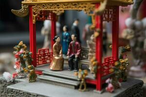 chinês Casamento dentro miniatura estilo. marido e esposa dentro tradicional chinês roupas. conceito do amor, tradição, família e relacionamentos. ásia homem e mulher criada com generativo ai tecnologia foto