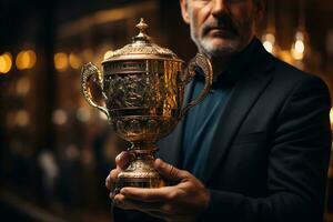 dourado aperto mão segurando copo do ouro troféu imaginado e honrado de generativo ai foto