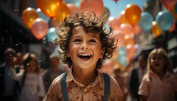 sorridente crianças apreciar uma alegre aniversário festa, cheio do Diversão gerado de ai foto