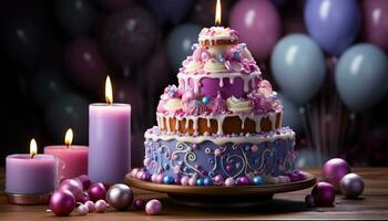 uma doce aniversário celebração com bolo, velas, e colorida decorações gerado de ai foto
