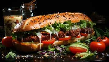 grelhado carne sanduíche em ciabatta, coberto com fresco legumes e queijo gerado de ai foto