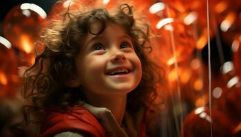 sorridente criança, fofa e alegre, desfrutando Natal luzes e inverno gerado de ai foto