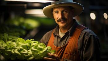 sorridente agricultor segurando orgânico vegetais, olhando às Câmera com confiança gerado de ai foto