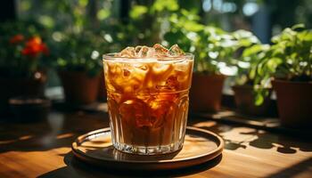 refrescante café beber em uma de madeira mesa, perfeito para verão gerado de ai foto