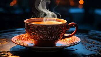 quente café dentro uma copo em uma mesa, vapor Aumentar elegantemente gerado de ai foto