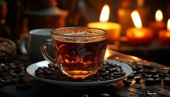 Sombrio mesa, café xícara, líquido aquecer, frescor em madeira gerado de ai foto