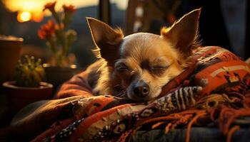 uma fofa cachorro sentado em uma sofá, desfrutando relaxamento e conforto gerado de ai foto