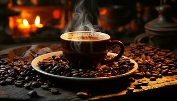 café feijão aquecer, cafeína mesa, madeira frescor, pires cappuccino caneca gerado de ai foto