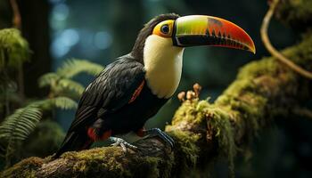 uma colorida tucano poleiros em uma ramo dentro a floresta tropical gerado de ai foto