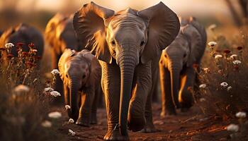 elefante família caminhando dentro africano região selvagem, pôr do sol ilumina tranquilo cena gerado de ai foto