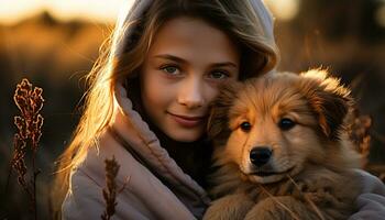 uma fofa cachorro e uma sorridente criança abraço dentro puro alegria gerado de ai foto